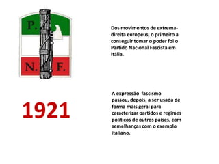 Dos movimentos de extrema-
       direita europeus, o primeiro a
       conseguir tomar o poder foi o
       Partido Nacional Fascista em
       Itália.




       A expressão fascismo
       passou, depois, a ser usada de

1921   forma mais geral para
       caracterizar partidos e regimes
       políticos de outros países, com
       semelhanças com o exemplo
       italiano.
 