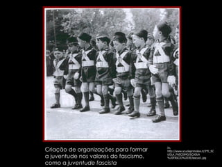In, http://www.scuolaprimolevi.it/3°E_SCUOLA_FASCISMO/SCUOLA%20FASCIO%203E/lascuo1.jpg Criação de organizações para formar a juventude nos valores do fascismo, como a  juventude fascista 