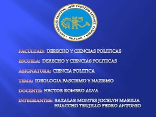 FACULTAD:  DERECHO Y CIENCIAS POLITICAS ESCUELA:  DERECHO Y CIENCIAS POLITICAS ASIGNATURA:  CIENCIA POLITICA TEMA:  IDEOLOGIA FASCISMO Y NAZISMO DOCENTE:  HECTOR ROMERO ALVA INTEGRANTES:  BAZALAR MONTES JOCELYN MARILIA                                  HUACCHO TRUJILLO PEDRO ANTONIO 