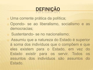 A palavra "fascismo" deriva de fascio, nome de grupos políticos ou de militância que surgiram na Itália entre fins do século XIX e começo do século XX;