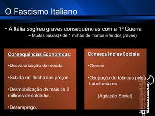 O Fascismo Italiano A Itália sogfreu graves consequências com a 1ª Guerra Muitas baixas(+ de 1 milhão de mortos e feridos graves) Consequências Económicas: Desvalorização da moeda. Subida em flecha dos preços. Desmobilização de mais de 2  milhões de soldados. Desemprego. Consequências Sociais: Greves Ocupação de fábricas pelos trabalhadores (Agitação Social) 