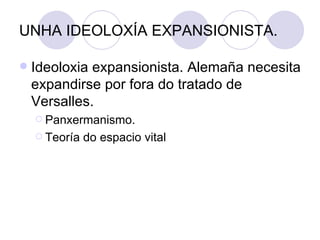 UNHA IDEOLOXÍA EXPANSIONISTA.

   Ideoloxia expansionista. Alemaña necesita
    expandirse por fora do tratado de
    Versalles.
     Panxermanismo.

     Teoría   do espacio vital
 