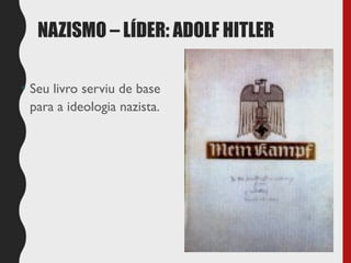NAZISMO – LÍDER: ADOLF HITLER
• Seu livro serviu de base
para a ideologia nazista.
 