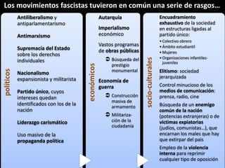 Los movimientos fascistas tuvieron en común una serie de rasgos…
Antiliberalismo y
antiparlamentarismo

Imperialismo
económico

Antimarxismo

Partido único, cuyos
intereses quedan
identificados con los de la
nación
Liderazgo carismático
Uso masivo de la
propaganda política

 Búsqueda del
prestigio
monumental

Economía de
guerra
 Construcción
masiva de
armamento

 Militarización de la
ciudadanía

socio-culturales

Nacionalismo
expansionista y militarista

Vastos programas
de obras públicas

económicos

políticos

Supremacía del Estado
sobre los derechos
individuales

Encuadramiento
exhaustivo de la sociedad
en estructuras ligadas al
partido único:

Autarquía

• Colectivo obrero
• Ámbito estudiantil
• Mujeres
• Organizaciones infantilesjuveniles

Elitismo: sociedad
jerarquizada
Control minucioso de los
medios de comunicación:
prensa, radio, cine
Búsqueda de un enemigo
común de la nación
(potencias extranjeras) o de
víctimas expiatorias
(judíos, comunistas…), que
encarnan los males que hay
que extirpar del país
Empleo de la violencia
interna para reprimir
cualquier tipo de oposición

 