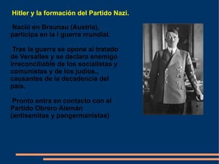 1.Benito Mussolini y el nacimiento del fascismo. Mussolini, proviene de la izquierda, pero se siente engañado por ella dado que llena sus ansias de estado unitario. 