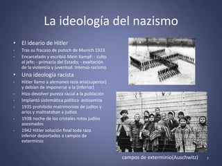 La ideología del nazismo
• El ideario de Hitler
-   Tras su fracaso de putsch de Munich 1923
-   Encarcelado y escribió Mein Kampf: - culto
    al jefe; - primacía del Estado; - exaltación
    de la violencia y juventud. Intenso racismo
• Una ideología racista
-   Hitler llamo a alemanes raza aria(superior)
    y debían de imponerse a la (inferior)
-   Hizo devolver pureza racial a la población
-   Implantó sistemática política antisemita
-   1935 prohibido matrimonios de judíos y
    arios y maltrataban a judíos
-   1938 noche de los cristales rotos judíos
    asesinados
-   1942 Hitler solución final toda raza
    inferior deportados a campos de
    exterminio


                                                   campos de exterminio(Auschwitz)   7
 