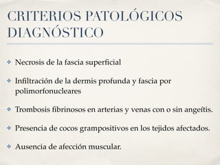 CRITERIOS PATOLÓGICOS
DIAGNÓSTICO
✤ Necrosis de la fascia superﬁcial
✤ Inﬁltración de la dermis profunda y fascia por
polimorfonucleares
✤ Trombosis ﬁbrinosos en arterias y venas con o sin angeítis.
✤ Presencia de cocos grampositivos en los tejidos afectados.
✤ Ausencia de afección muscular.
 