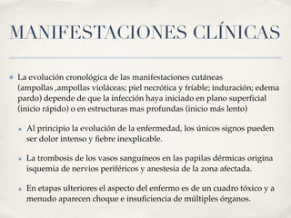 MANIFESTACIONES CLÍNICAS
✤ La evolución cronológica de las manifestaciones cutáneas
(ampollas ,ampollas violáceas; piel necrótica y fríable; induración; edema
pardo) depende de que la infección haya iniciado en plano superﬁcial
(inicio rápido) o en estructuras mas profundas (inicio más lento)
๏ Al principio la evolución de la enfermedad, los únicos signos pueden
ser dolor intenso y ﬁebre inexplicable.
๏ La trombosis de los vasos sanguíneos en las papilas dérmicas origina
isquemia de nervios periféricos y anestesia de la zona afectada.
๏ En etapas ulteriores el aspecto del enfermo es de un cuadro tóxico y a
menudo aparecen choque e insuﬁciencia de múltiples órganos.
 