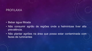 PROFILAXIA
• Beber água filtrada
• Não consumir agrião de regiões onde a helmintose tiver alta
prevalência.
• Não plantar agriões na área que possa estar contaminada com
fezes de ruminantes
 