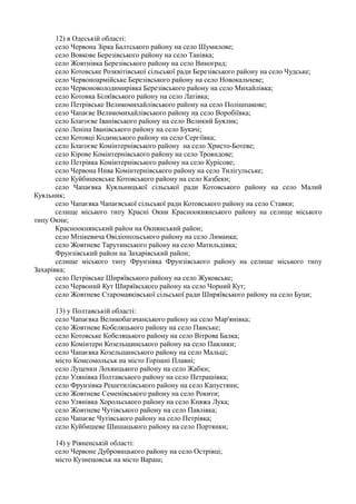 12) в Одеській області:
село Червона Зірка Балтського району на село Шумилове;
село Вовкове Березівського району на село Танівка;
село Жовтнівка Березівського району на село Виноград;
село Котовське Розквітівської сільської ради Березівського району на село Чудське;
село Червоноармійське Березівського району на село Новокальчеве;
село Червоноволодимирівка Березівського району на село Михайлівка;
село Котовка Біляївського району на село Латівка;
село Петрівське Великомихайлівського району на село Полішпакове;
село Чапаєве Великомихайлівського району на село Воробіївка;
село Благоєве Іванівського району на село Великий Буялик;
село Леніна Іванівського району на село Букачі;
село Котовці Кодимського району на село Сергіївка;
село Благоєве Комінтернівського району на село Христо-Ботеве;
село Кірове Комінтернівського району на село Трояндове;
село Петрівка Комінтернівського району на село Курісове;
село Червона Нива Комінтернівського району на село Тилігульське;
село Куйбишевське Котовського району на село Казбеки;
село Чапаєвка Куяльницької сільської ради Котовського району на село Малий
Куяльник;
село Чапаєвка Чапаєвської сільської ради Котовського району на село Ставки;
селище міського типу Красні Окни Красноокнянського району на селище міського
типу Окни;
Красноокнянський район на Окнянський район;
село Мізікевича Овідіопольського району на село Лиманка;
село Жовтневе Тарутинського району на село Матильдівка;
Фрунзівський район на Захарівський район;
селище міського типу Фрунзівка Фрунзівського району на селище міського типу
Захарівка;
село Петрівське Ширяївського району на село Жуковське;
село Червоний Кут Ширяївського району на село Чорний Кут;
село Жовтневе Старомаяківської сільської ради Ширяївського району на село Буци;
13) у Полтавській області:
село Чапаєвка Великобагачанського району на село Мар'янівка;
село Жовтневе Кобеляцького району на село Панське;
село Котовське Кобеляцького району на село Вітрова Балка;
село Комінтерн Козельщинського району на село Павлики;
село Чапаєвка Козельщинського району на село Мальці;
місто Комсомольськ на місто Горішні Плавні;
село Луценки Лохвицького району на село Жабки;
село Улянівка Полтавського району на село Петрашівка;
село Фрунзівка Решетилівського району на село Капустяни;
село Жовтневе Семенівського району на село Рокити;
село Улянівка Хорольського району на село Княжа Лука;
село Жовтневе Чутівського району на село Павлівка;
село Чапаєве Чутівського району на село Петрівка;
село Куйбишеве Шишацького району на село Портянки;
14) у Рівненській області:
село Червоне Дубровицького району на село Острівці;
місто Кузнецовськ на місто Вараш;
 
