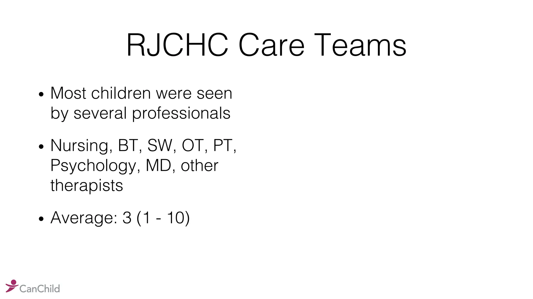 RJCHC Care Teams
• Most children were seen
by several professionals
• Nursing, BT, SW, OT, PT,
Psychology, MD, other
therapists
• Average: 3 (1 - 10)
 