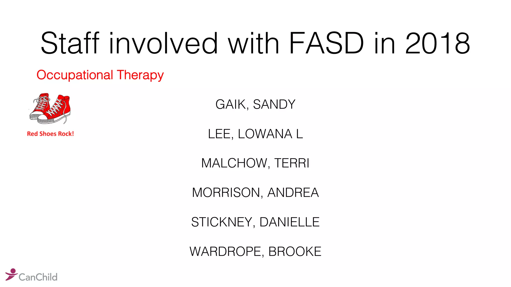 Staff involved with FASD in 2018
Occupational Therapy
GAIK, SANDY
LEE, LOWANA L
MALCHOW, TERRI
MORRISON, ANDREA
STICKNEY, DANIELLE
WARDROPE, BROOKE
 