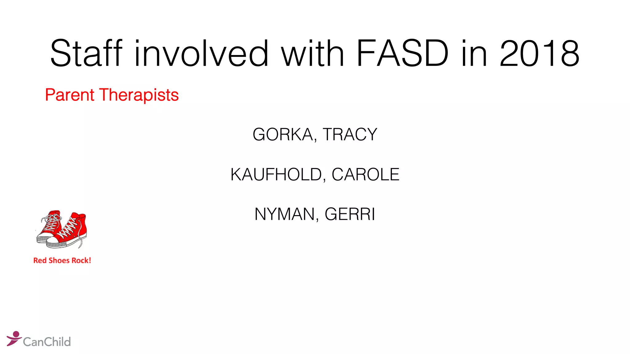 Staff involved with FASD in 2018
Parent Therapists
GORKA, TRACY
KAUFHOLD, CAROLE
NYMAN, GERRI
 