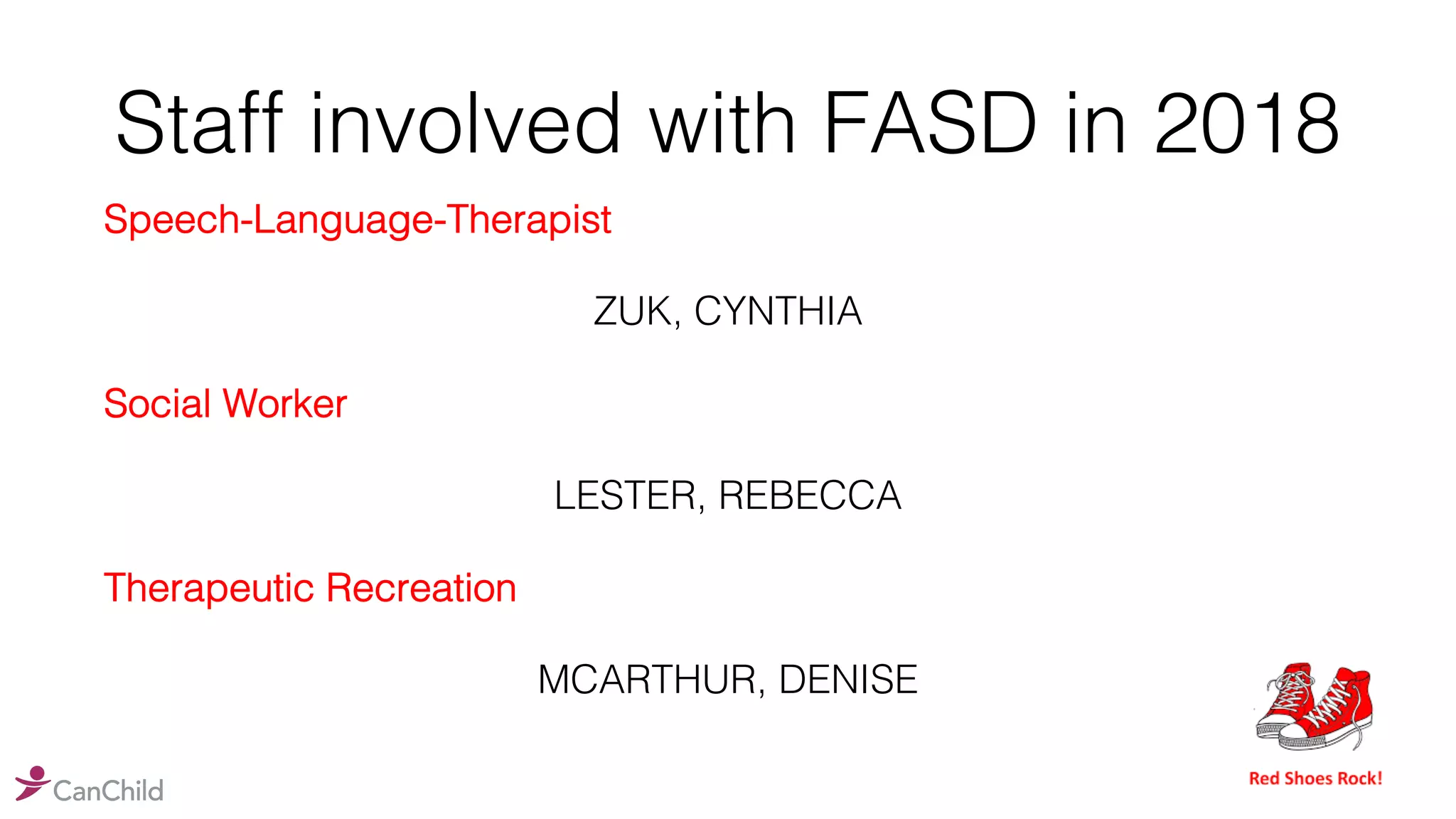 Staff involved with FASD in 2018
Speech-Language-Therapist
ZUK, CYNTHIA
Social Worker
LESTER, REBECCA
Therapeutic Recreation
MCARTHUR, DENISE
 