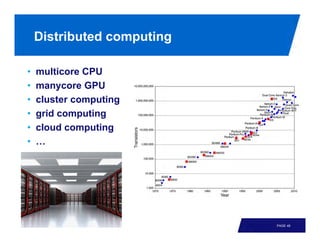 Distributed computing

•   multicore CPU
•   manycore GPU
•   cluster computing
•   grid computing
•   cloud computing
•   …




                            PAGE 49
 
