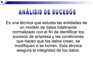 Es una técnica que estudia las entidades de un modelo de datos totalmente normalizado con el fin de identificar los sucesos de empresa y las condiciones que hacen que los datos creen, se modifiquen o se borren. Esta técnica asegura la integridad de los datos. ANÁLISIS DE SUCESOS 