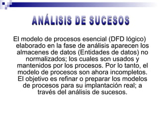 El modelo de procesos esencial (DFD lógico) elaborado en la fase de análisis aparecen los almacenes de datos (Entidades de datos) no normalizados; los cuales son usados y mantenidos por los procesos. Por lo tanto, el modelo de procesos son ahora incompletos. El objetivo es refinar o preparar los modelos de procesos para su implantación real; a través del análisis de sucesos. ANÁLISIS DE SUCESOS 