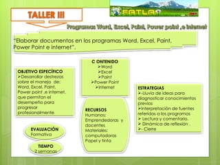 “Elaborar documentos en los programas Word, Excel, Paint,
Power Point e internet”.

                              C ONTENIDO
                                Word
 OBJETIVO ESPECÍFICO            Excel
 Desarrollar destrezas         Paint
 sobre el manejo de:          Power Point
 Word, Excel, Paint,           Internet      ESTRATEGIAS
 Power point ,e internet.                     -Lluvia de ideas para
 que permitan el                              diagnosticar conocimientos
 desempeño para                               previos
 progresar                                    Interpretación de fuentes
                            RECURSOS
 profesionalmente                             referidas a los programas
                            Humanos:
                            Emprendedoras y    Lectura y comentario. 
                            docentes           Dinámica de reflexión .
       EVALUACIÓN           Materiales:       - Cierre
       Formativa            computadoras
                            Papel y tinta
           TIEMPO
         2 semanas
 