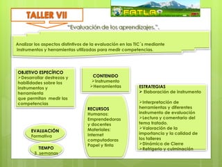 Analizar los aspectos distintivos de la evaluación en las TIC´s mediante
instrumentos y herramientas utilizadas para medir competencias.




OBJETIVO ESPECÍFICO
Desarrollar destrezas y            CONTENIDO
habilidades sobre los              Instrumento
instrumentos y                     Herramientas           ESTRATEGIAS
herramienta                                                 Elaboración de instrumento
que permitan medir las
competencias                                               Interpretación de
                                  RECURSOS                 herramientas y diferentes
                                  Humanos:                 instrumento de evaluación
                                  Emprendedoras            Lectura y comentario del
                                  y docentes               tema tratado.
                                  Materiales:              Valoración de la
       EVALUACIÓN
                                  Internet                 importancia y la calidad de
       Formativa
                                  computadoras             los talleres 
                                  Papel y tinta            Dinámica de Cierre
          TIEMPO                                           Refrigerio y culminación
        3 semanas
 
