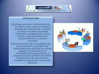 INTRODUCCIÓNTecnología, personas e información son los pilares en los cuales se orienta la sociedad del conocimiento y el factor humano es el único que puede articularlos, amalgamarlos, darles sentido y direccionalidad en un proceso dinámico en cambio constante.El continuo avance de la tecnología hace que los docentes necesiten estar preparados para enfrentar los nuevos desafíos, la educación en su modalidad Elearning puede dar la preparación para afrontar situaciones de generación de conocimientos mediante la interacción y el aprender haciendo. 