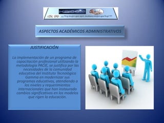 ASPECTOS ACADÉMICOS ADMINISTRATIVOSJUSTIFICACIÓNLa implementación de un programa de capacitación profesional utilizando la metodología PACIE, se justifica por las necesidades de la comunidad educativa del Instituto Tecnológico Gamma en modernizar sus programas educativos, atendiendo a los niveles y requerimientos internacionales que han instaurado cambios significativos en los modelos que rigen la educación.