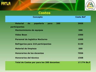 Costos
Concepto Costo BsF
Material de papelería para 200
participantes
3000
Mantenimiento de equipos 500
Video Bean 1000
Personal de logística Nocturno 1000
Refrigerios para 210 participantes 3150
Material de limpieza 500
Honorarios de los docentes 7056
Honorarios del técnico 1568
Total de Costos por para los 200 docentes: 17.774 Bs.F
 