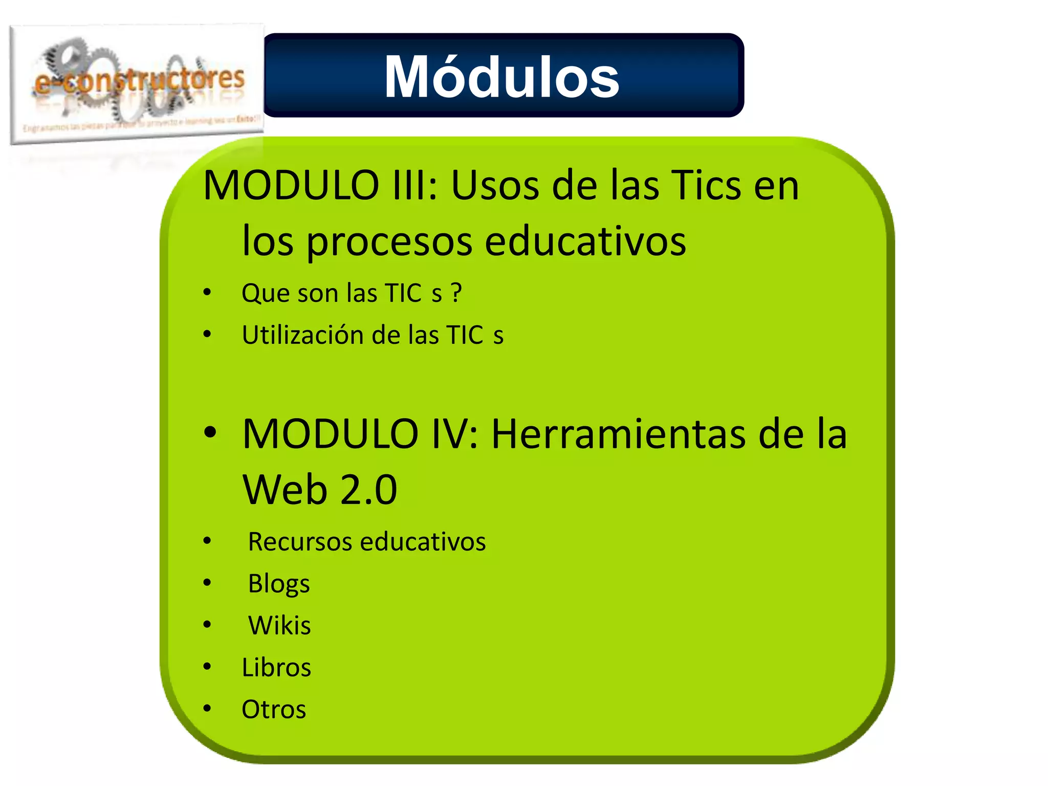 Configurar las dos plataformas  Moodle para que estén listas y operativas.Programa de Formación de tutoresComunidad del AprendizajeDuración del curso 12 meses.Creación  del Centro de Interacción VirtualDesarrollo de procesos educativos y acceso a una tecnología de puntaMotiva el uso de la TIC´SAplicación de la Metodología PACIEEje principal de la comunicación y de los manejos de los recursosCreación del Departamento de Educación en Línea, debe estar conformado por: Pedagogo