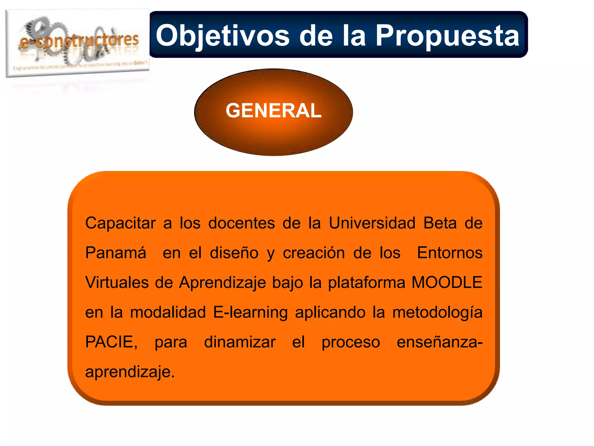 Fase de PlanificaciónCASO DE ESTUDIOUNIVERSIDAD BETA DE PANAMATipo de educación: PostgradoTotal sedes y núcleos: 3 N° de docentes: 160Situación:La institución cuenta con  dos (2) plataformas Moodle para educación virtual, pero no están configuradas ni han sido usadas.El 60% de los docentes no tienen destrezas informáticas.El 70% de los docentes tienen un ordenador personal con conexión a internet.Uno de los núcleos no tienen conexión de banda ancha a internet.Tienen 12 meses para capacitar a todos sus docentes en el manejo de las TIC.