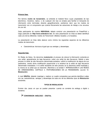 Primera fase:
Por término medio de transmisión, se entiende el material físico cuyas propiedades de tipo
electrónico, mecánico, óptico, o de cualquier otro tipo se emplea para facilitar el transporte de
información entre terminales distante geográficamente, podríamos decir que los medios de
transmisión son el componente que conecta físicamente las estaciones de trabajo a los recursos
de una red.
Cada participante de manera INDIVIDUAL deberá construir una presentación en PowerPoint y
luego publicarla en http://www.slideshare.net. En esta presentación en línea se deben identificar
cada uno de los diferentes medios de Transmisión (Medios Guiados y no Guiados).
La presentación en línea debe abarcar como mínimo los siguientes aspectos de los diferentes
medios de transmisión:
 Características técnicas al igual que sus ventajas y desventajas.
Segunda fase:
En Redes de Datos, Se denomina modulación al proceso de colocar la información contenida en
una señal, generalmente de baja frecuencia, sobre una señal de alta frecuencia. Debido a este
proceso la señal de alta frecuencia denominada portadora, sufrirá la modificación de alguna de sus
parámetros, siendo dicha modificación proporcional a la amplitud de la señal de baja frecuencia
denominada moduladora. A la señal resultante de este proceso se la denomina señal modulada y
la misma es la señal que se transmite. (Remitirse a la Unidad 1: INTRODUCCIÓN A LAS REDES
DE ORDENADORES, CAPITULO 3. PERTURBACIONES EN LA TRANSMISIÓN, Lección 10.
Modulación)
A nivel GRUPAL deberán investigar y realizar un cuadro comparativo que permita identificar cuáles
son las características, ventajas y desventajas de cada uno de los diferentes tipos de Modulación
existentes.
TIPOS DE MODULACION
Existen dos casos en que se pueden presentar: cuando se convierte de análogo a digital o
viceversa.
CONVERSION ANÁLOGO – DIGITAL
 