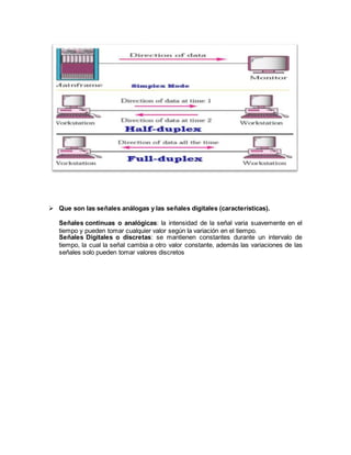  Que son las señales análogas y las señales digitales (características).
Señales continuas o analógicas: la intensidad de la señal varia suavemente en el
tiempo y pueden tomar cualquier valor según la variación en el tiempo.
Señales Digitales o discretas: se mantienen constantes durante un intervalo de
tiempo, la cual la señal cambia a otro valor constante, además las variaciones de las
señales solo pueden tomar valores discretos
 