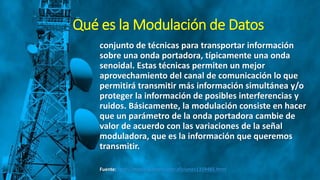 Qué es la Modulación de Datos
conjunto de técnicas para transportar información
sobre una onda portadora, típicamente una onda
senoidal. Estas técnicas permiten un mejor
aprovechamiento del canal de comunicación lo que
permitirá transmitir más información simultánea y/o
proteger la información de posibles interferencias y
ruidos. Básicamente, la modulación consiste en hacer
que un parámetro de la onda portadora cambie de
valor de acuerdo con las variaciones de la señal
moduladora, que es la información que queremos
transmitir.
Fuente: http://modul.galeon.com/aficiones1359485.html
 