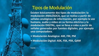 Tipos de Modulación
Existen básicamente dos tipos de modulación: la
modulación ANALÓGICA, que se realiza a partir de
señales analógicas de información, por ejemplo la voz
humana, audio y video en su forma eléctrica y la
modulación DIGITAL, que se lleva a cabo a partir de
señales generadas por fuentes digitales, por ejemplo
una computadora.
• Modulación Analógica: AM, FM, PM
• Modulación Digital: ASK, FSK, PSK, QAM
Fuente: http://modul.galeon.com/aficiones1359485.html
 