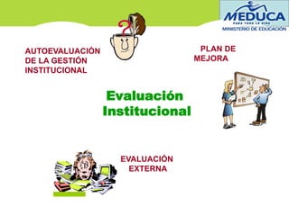 EVALUACIÓN
EXTERNA
AUTOEVALUACIÓN
DE LA GESTIÓN
INSTITUCIONAL
PLAN DE
MEJORA
Evaluación
Institucional
10/10/15
 