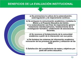 a) Se promociona la cultura de la autoevaluación,
autorregulación y de mejoramiento continuo.
b) Se enriquece la comunicación académica y revitaliza la
Misión y el Proyecto Educativo de Centro.
c) La autoevaluación con fines de mejoramiento genera
tratamiento interdisciplinarios, fortalecimiento de la
investigación formativa, colaboración de asociaciones
docentes.
d) Se reconoce el fortalecimiento de la comunidad
académica a partir de la interacción con sus pares.
e) Se fortalece los sistemas de información académica,
renovación de los procesos de gestión y utilización de las
NTIC.
f) Satisfacción del cumplimiento de metas y objetivos por
parte del centro educativo.
13
BENEFICIOS DE LA EVALUACIÓN INSTITUCIONAL
 