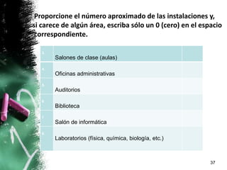 37
3.
Salones de clase (aulas)
4.
Oficinas administrativas
5.
Auditorios
6
Biblioteca
7
Salón de informática
8.
Laboratorios (física, química, biología, etc.)
Proporcione el número aproximado de las instalaciones y,
si carece de algún área, escriba sólo un 0 (cero) en el espacio
correspondiente.
 