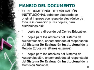 MANEJO DEL DOCUMENTO
• EL INFORME FINAL DE EVALUACIÓN
INSTITUCIONAL debe ser elaborado en
original impreso con respaldo electrónico de
toda la información y tres copias, para
distribuirlas así:
• 1 copia para dirección del Centro Educativo.
• 1 copia para los archivos del Sistema de
Autoevaluación, encomendados al responsable
del Sistema De Evaluación Institucional de la
Región Educativa. (Pares externos)
• 1 copia para los archivos del Sistema de
Autoevaluación, encomendados al responsable
del Sistema De Evaluación Institucional de la
Comisión Nacional. 55
 