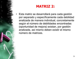 MATRIZ 2:
• Esta matriz se desarrollará para cada gestión
por separado y específicamente cada debilidad
analizada de manera individual, concretamente
según el número de debilidades encontradas
(oportunidad de mejora) existan, por gestión
analizada, así mismo deben existir el mismo
número de matrices.
71
 