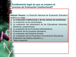 Artículo Tercero: La Dirección Nacional de Evaluación Educativa
tendrá a su cargo:
1. La evaluación institucional o de los centros de enseñanza;
2. La evaluación de los aprendizajes.
3. La evaluación del desempeño de los Educadores (docentes,
directivos y supervisores).
4. La evaluación de los Procesos Administrativos.
5. Evaluación de los procesos educativos.
6. La evaluación del Ambiente Escolar.
7. La evaluación de los Proyectos e Innovaciones Educativas;
8. Evaluación del sistema educativo; y
9. Meta evaluación.
Fundamento legal en que se ampara el
proceso de Evaluación Institucional?
 