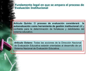 Artículo Quinto: El proceso de evaluación considerará la
autoevaluación como herramienta de gestión institucional útil y
confiable para la determinación de fortalezas y debilidades del
sistema educativo.
Artículo Octavo: Todas las acciones de la Dirección Nacional
de Evaluación Educativa estarán orientadas al desarrollo de un
Sistema Nacional de Evaluación Educativa.
Fundamento legal en que se ampara el proceso de
Evaluación Institucional
 
