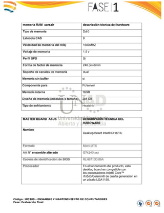 Código: 103380 - ENSAMBLE Y MANTENIMIENTO DE COMPUTADORES
Fase: Evaluación Final
memoria RAM corsair descripción técnica del hardware
Tipo de memoria Ddr3
Latencia CAS 9
Velocidad de memoria del reloj 1600MHZ
Voltaje de memoria 1.5 v
Perfil SPD Si
Forma de factor de memoria 240 pin dimm
Soporte de canales de memoria dual
Memoria sin buffer si
Componente para Pc/server
Memoria interna 16GB
Diseño de memoria (módulos x tamaño) 2x8 GB
Tipo de enfriamiento Heatsink
MASTER BOARD ASUS DESCRIPCIÓN TÉCNICA DEL
HARDWARE
Nombre
Desktop Board Intel® DH87RL
Formato Micro-ATX
AA N° ensamble alterado G74240-xxx
Cadena de identificación de BIOS RLH8710D.86A
Procesador En el lanzamiento del producto, esta
desktop board es compatible con
los procesadores Intel® Core™
i7/i5/i3/Celeron® de cuarta generación en
un zócalo LGA1150.
 