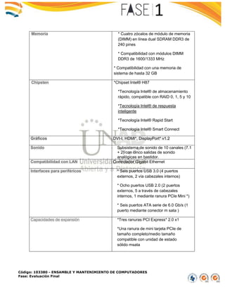 Código: 103380 - ENSAMBLE Y MANTENIMIENTO DE COMPUTADORES
Fase: Evaluación Final
Memoria * Cuatro zócalos de módulo de memoria
(DIMM) en línea dual SDRAM DDR3 de
240 pines
* Compatibilidad con módulos DIMM
DDR3 de 1600/1333 MHz
* Compatibilidad con una memoria de
sistema de hasta 32 GB
Chipsten *Chipset Intel® H87
*Tecnología Intel® de almacenamiento
rápido, compatible con RAID 0, 1, 5 y 10
*Tecnología Intel® de respuesta
inteligente
*Tecnología Intel® Rapid Start
*Tecnología Intel® Smart Connect
Gráficos DVI-I, HDMI*, DisplayPort* v1.2
Sonido  Subsistema de sonido de 10 canales (7.1
+ 2) con cinco salidas de sonido
analógicas en bastidor.
Compatibilidad con LAN Controlador Gigabit Ethernet
Interfaces para periféricos * Seis puertos USB 3.0 (4 puertos
externos, 2 vía cabezales internos)
* Ocho puertos USB 2.0 (2 puertos
externos, 5 a través de cabezales
internos, 1 mediante ranura PCIe Mini *)
* Seis puertos ATA serie de 6.0 Gb/s (1
puerto mediante conector m sata )
Capacidades de expansión *Tres ranuras PCI Express* 2.0 x1
*Una ranura de mini tarjeta PCIe de
tamaño completo/medio tamaño
compatible con unidad de estado
sólido msata
 