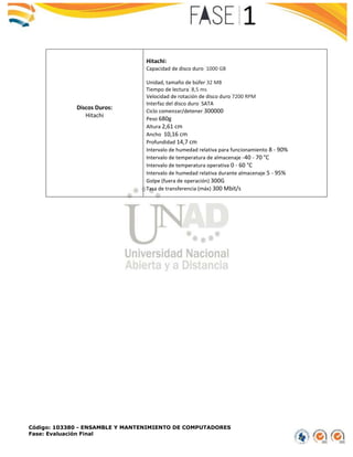 Código: 103380 - ENSAMBLE Y MANTENIMIENTO DE COMPUTADORES
Fase: Evaluación Final
Discos Duros:
Hitachi
Hitachi:
Capacidad de disco duro 1000 GB
Unidad, tamaño de búfer 32 MB
Tiempo de lectura 8,5 ms
Velocidad de rotación de disco duro 7200 RPM
Interfaz del disco duro SATA
Ciclo comenzar/detener 300000
Peso 680g
Altura 2,61 cm
Ancho 10,16 cm
Profundidad 14,7 cm
Intervalo de humedad relativa para funcionamiento 8 - 90%
Intervalo de temperatura de almacenaje -40 - 70 °C
Intervalo de temperatura operativa 0 - 60 °C
Intervalo de humedad relativa durante almacenaje 5 - 95%
Golpe (fuera de operación) 300G
Tasa de transferencia (máx) 300 Mbit/s
 