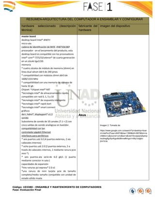 Código: 103380 - ENSAMBLE Y MANTENIMIENTO DE COMPUTADORES
Fase: Evaluación Final
RESUMEN-ARQUITECTURA DEL COMPUTADOR A ENSAMBLAR Y CONFIGURAR
hardware seleccionado (descripción
técnica)
fabricante del
hardware
imagen del dispositivo
master board
desktop board Intel® dh87rl
micro-atx
cadena de identificación de BIOS rlh8710d.86ª
procesador - en el lanzamiento del producto, esta
desktop board es compatible con los procesadores
intel® core™ i7/i5/i3/celeron® de cuarta generación
en un zócalo lga1150.
memoria
* cuatro zócalos de módulo de memoria (dimm) en
línea dual sdram ddr3 de 240 pines
* compatibilidad con módulos dimm ddr3 de
1600/1333 MHz
* compatibilidad con una memoria de sistema de
hasta 32 gb
Chipset: *chipset intel® h87
*tecnología intel® de almacenamiento rápido,
compatible con raid 0, 1, 5 y 10
*tecnología intel® de respuesta inteligente
*tecnología intel® rapid start
*tecnología intel® smart connect
gráficos
dvi-i, hdmi*, displayport* v1.2
sonido
Subsistema de sonido de 10 canales (7.1 + 2) con
cinco salidas de sonido analógicas en bastidor.
compatibilidad con lan
controlador gigabit Ethernet
interfaces para periféricos
* seis puertos usb 3.0 (4 puertos externos, 2 vía
cabezales internos)
* ocho puertos usb 2.0 (2 puertos externos, 5 a
través de cabezales internos, 1 mediante ranura pcie
mini *)
* seis puertos ata serie de 6.0 gb/s (1 puerto
mediante conector m sata )
capacidades de expansión
*tres ranuras pci express* 2.0 x1
*una ranura de mini tarjeta pcie de tamaño
completo/medio tamaño compatible con unidad de
estado sólido msata
Asus
Imagen 2. Tomada de:
https://www.google.com.co/search?q=desktop+boar
d+intel%c2%ae+dh87rl&biw=1366&bih=667&tbm=is
ch&tbo=u&source=univ&sa=x&ved=0ccaqsarqfqotcp
txodreg8gcfqvthgodkd8mrw#imgrc=n9iq1odgks-
jhm%3a
 