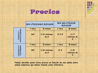 Precios




Hemos decidido poner estos precios en función de una media entre
ambas empresas que hemos tomado como referencia.
 