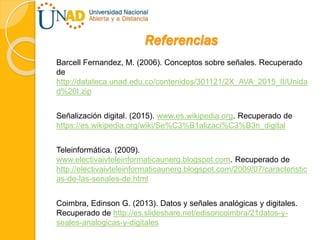 Referencias
Barcell Fernandez, M. (2006). Conceptos sobre señales. Recuperado
de
http://datateca.unad.edu.co/contenidos/301121/2X_AVA_2015_II/Unida
d%20I.zip
Señalización digital. (2015). www.es.wikipedia.org. Recuperado de
https://es.wikipedia.org/wiki/Se%C3%B1alizaci%C3%B3n_digital
Teleinformática. (2009).
www.electivaivteleinformaticaunerg.blogspot.com. Recuperado de
http://electivaivteleinformaticaunerg.blogspot.com/2009/07/caracteristic
as-de-las-senales-de.html
Coimbra, Edinson G. (2013). Datos y señales analógicas y digitales.
Recuperado de http://es.slideshare.net/edisoncoimbra/21datos-y-
seales-analogicas-y-digitales
 