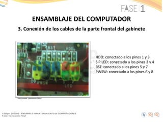 3. Conexión de los cables de la parte frontal del gabinete
ENSAMBLAJE DEL COMPUTADOR
Foto tomada: Laboratorio UNAD
HDD: conectado a los pines 1 y 3
S P LED: conectado a los pines 2 y 4
RST: conectado a los pines 5 y 7
PWSW: conectado a los pines 6 y 8
 