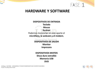 DISPOSITIVOS DE ENTRADA
Teclado
Mouse
Escáner
Podemos mencionar en este aparte el
micrófono, la webcam y el módem.
DISPOSITIVOS DE SALIDA
Monitor
Impresora
DISPOSITIVOS MIXTOS
Disco duro extraíble
Memoria USB
DVD
HARDWARE Y SOFTWARE
 