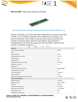 Código: 103380_80 - ENSAMBLE Y MANTENIMIENTO DE COMPUTADORES
Fase: Evaluación Final
Memoria RAM: Kingston: 8gb module ddr4, 2133 MHz
Kingston Technology es el mayor fabricante independiente de memoria del mundo
y cuenta con una excelente reputación por la calidad de sus productos y sus
precios competitivos. Sus módulos de memoria para sistemas específicos se
someten a diversas pruebas antes de comercializarse que garantizan la
compatibilidad con los sistemas para los que están diseñados. Además, todos
cuentan con garantía de por vida.
Memoria
Tipo de memoria interna DDR4
ECC
Ancho de datos 72 Bit
Configuración de módulos 1G X 72
Placa de plomo Oro
Latencia CAS CL15
Velocidad de memoria del reloj 2133 MHz
Voltaje de memoria 1.2 V
Registrado
Forma de factor de memoria 288-pin DIMM
Clasificación de memoria 2
Componente para PC/server
Memoria interna 8 GB
Diseño de memoria (módulos xtamaño) 1 x 8 GB
Otras características
Memoria interna 8192 MB
Montaje en rack 288-pin DIMM
Garantía Lifetime
Velocidad del reloj de bus 2133 MHz
Disposición de memoria 1 x 8192 MB
Indicación de error ECC
Organización de los chips x4
http://media.kingston.com/images/products/DDR4_Non-ECC_Unbuffered_DIMM_1_tn.png
 