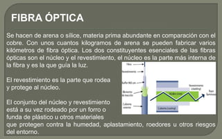 FIBRA ÓPTICA
Se hacen de arena o sílice, materia prima abundante en comparación con el
cobre. Con unos cuantos kilogramos de arena se pueden fabricar varios
kilómetros de fibra óptica. Los dos constituyentes esenciales de las fibras
ópticas son el núcleo y el revestimiento, el núcleo es la parte más interna de
la fibra y es la que guía la luz.
El revestimiento es la parte que rodea
y protege al núcleo.
El conjunto del núcleo y revestimiento
está a su vez rodeado por un forro o
funda de plástico u otros materiales
que protegen contra la humedad, aplastamiento, roedores u otros riesgos
del entorno.

 