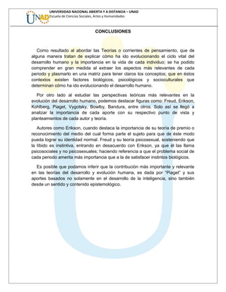 UNIVERSIDAD NACIONAL ABIERTA Y A DISTANCIA – UNAD
Escuela de Ciencias Sociales, Artes y Humanidades
CONCLUSIONES
Como resultado al abordar las Teorías o corrientes de pensamiento, que de
alguna manera tratan de explicar cómo ha ido evolucionando el ciclo vital del
desarrollo humano y la importancia en la vida de cada individuo; se ha podido
comprender en gran medida al extraer los aspectos más relevantes de cada
periodo y plasmarlo en una matriz para tener claros los conceptos; que en éstos
contextos existen factores biológicos, psicológicos y socioculturales que
determinan cómo ha ido evolucionando el desarrollo humano.
Por otro lado al estudiar las perspectivas teóricas más relevantes en la
evolución del desarrollo humano, podemos destacar figuras como: Freud, Erikson,
Kohlberg, Piaget, Vygotsky, Bowlby, Bandura, entre otros. Solo así se llegó a
analizar la importancia de cada aporte con su respectivo punto de vista y
planteamientos de cada autor y teoría.
Autores como Erikson, cuando destaca la importancia de su teoría de premio o
reconocimiento del medio del cual forma parte el sujeto para que de éste modo
pueda lograr su identidad normal. Freud y su teoría psicosexual, sosteniendo que
la líbido es instintiva, entrando en desacuerdo con Erikson, ya que él las llama
psicosociales y no psicosexuales; haciendo referencia a que el problema social de
cada periodo amerita más importancia que a la de satisfacer instintos biológicos.
Es posible que podamos inferir que la contribución más importante y relevante
en las teorías del desarrollo y evolución humana, es dada por “Piaget” y sus
aportes basados no solamente en el desarrollo de la inteligencia, sino también
desde un sentido y contenido epistemológico.
 